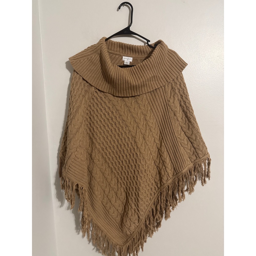 Jaclyn Smith Womens XL Camel Brown Cable Knit Cowl Neck Fringe Poncho Sweater